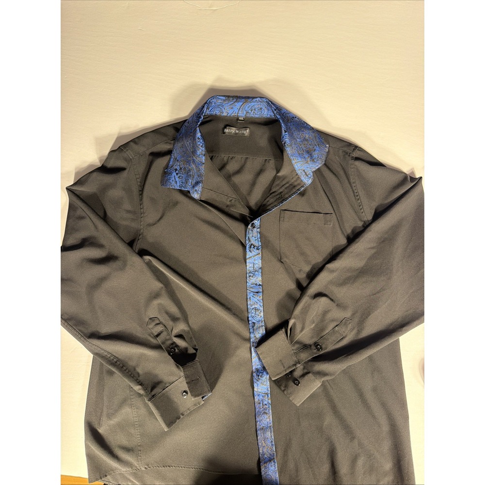 Barry Wang 3XL Men's Black Long Sleeve Shirt with Blue Filigree Collar and Trim